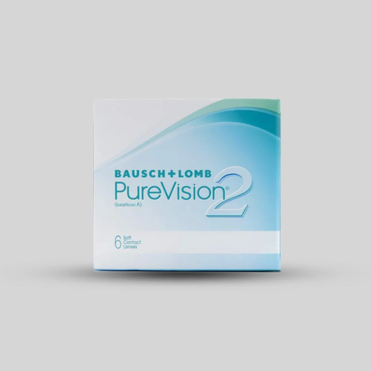 A box of Bausch + Lomb PureVision 2 contact lenses, featuring a white and light blue design with a teal wave graphic, set against a neutral gray background.